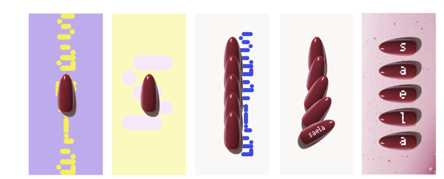 Five Saela nail sets in deep crimson, each arranged on its own colour field — lilac, lemon, off-white, cream and blush